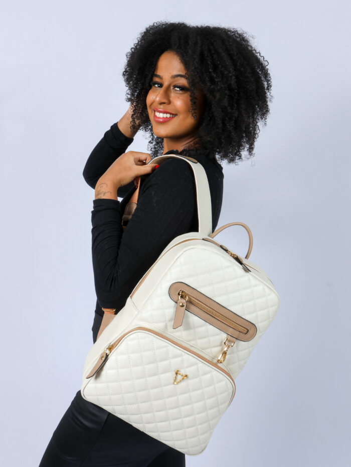 Mochila feminina em couro legítimo - Rose Off-White com caramelo